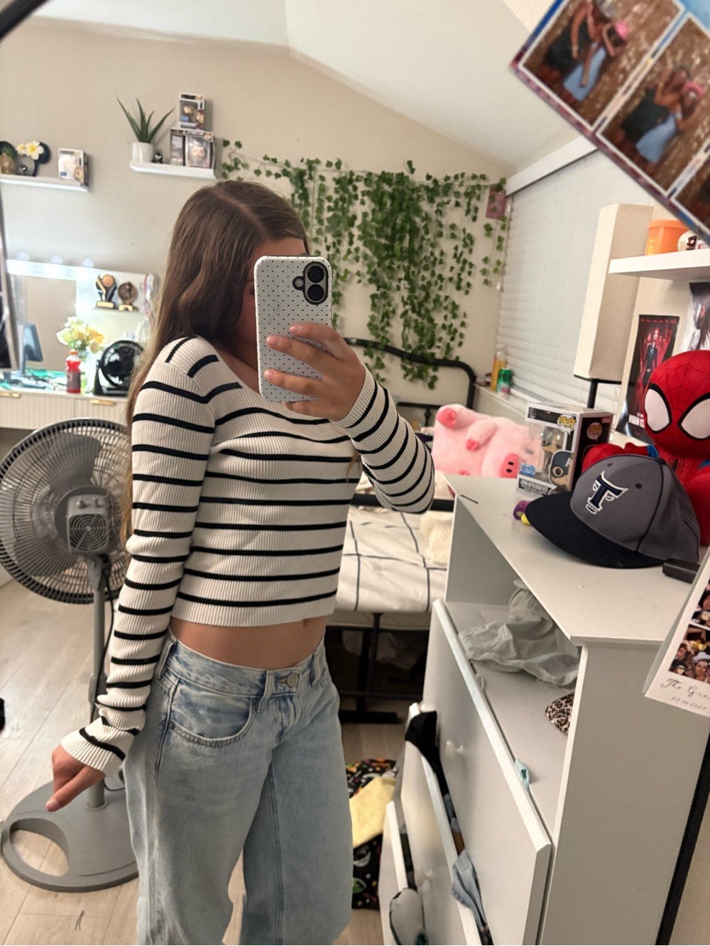 H&M White and Black Striped Long-Sleeve Cropped Top